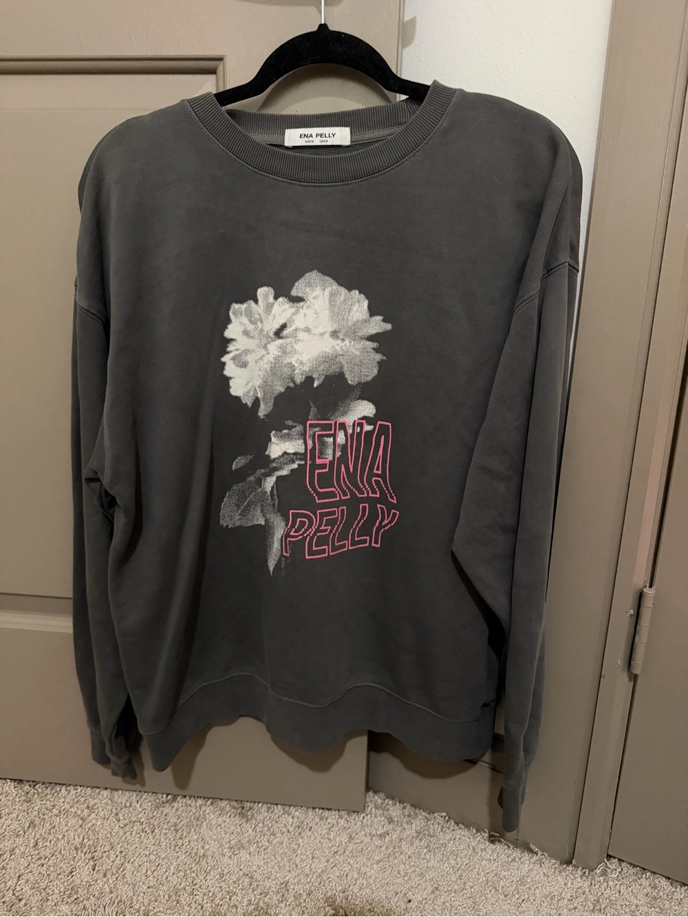 Ena Pelly Charcoal Crewneck with White Floral and Pink Logo